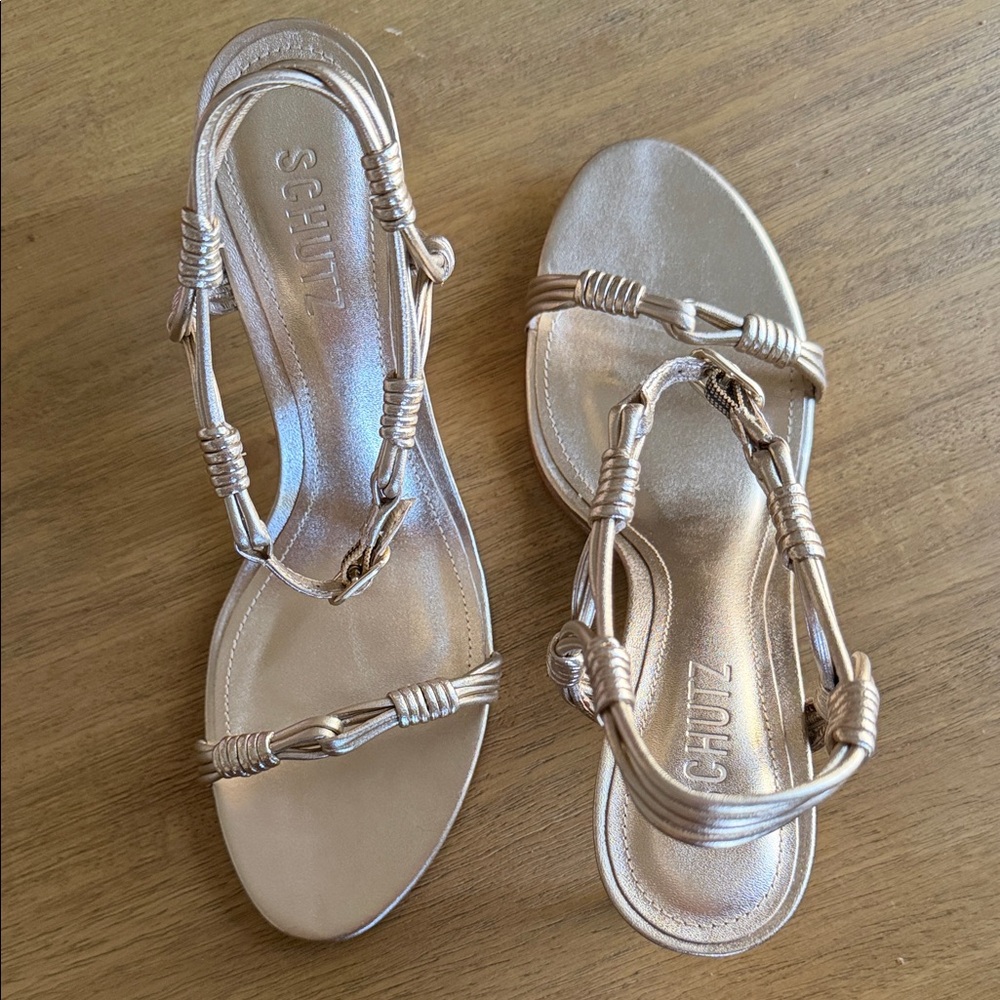 SCHUTZ Metallic Gold Knotted Strap Heels - Picture 2 of 5